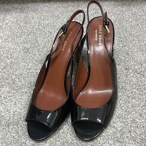Cole Haan Glossy Black Peep-Toe Slingbacks